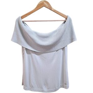 Escada Ribbed Foldover Off The Shoulder Sleeveless Top Size Large Blue Luxury